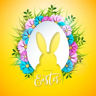 Happy Easter Holiday Illustration with Flower, Painted Egg and Rabbit Ears on Yellow Background. International Religious Celebration Design with Typography Letter for Greeting Card or Banner.