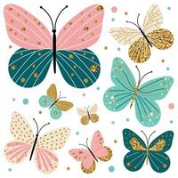 Seamless butterfly pattern with pastel colors and gold details. Elegant butterflies with glitter texture. Stylish spring design, nature-inspired background. Decorative insects, seamless pattern. vector
