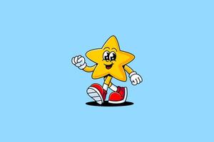 star, shiner, medal, asterisk retro cartoon character mascot illustration with walking pose and showing happy face for game, party, toys mascots and merchandise vector