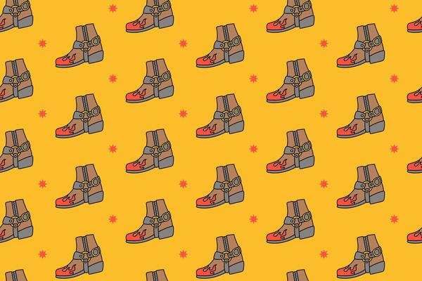 cowboy boot with fire and dot colorful pattern on yellow background. doodle sheriff shoe object seamless pattern background. western boots seamless pattern for rodeo, wild west decor and merchandise