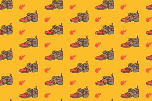 western boot with flame, fire, burn colorful pattern on yellow background. doodle sheriff shoes seamless pattern background. cowboy boots seamless pattern for rodeo, wild west decor and merchandise vector