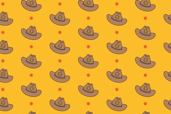 cowboy hat colorful pattern on yellow background. doodle sheriff hat object symbol seamless pattern background. western cap hat seamless pattern for rodeo, wild west decor and merchandise