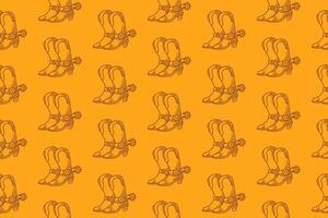 cowboy boot with spurs doodle seamless pattern on yellow background. western sheriff shoes engraving pattern background. retro wild west boot background for rodeo, ranch, adventure decor, merchandise vector