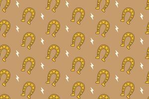 cowboy horseshoe with bolt colorful pattern on tan background. doodle steel horseshoe with lightning seamless pattern background. western iron horseshoe seamless pattern for rodeo merchandise vector