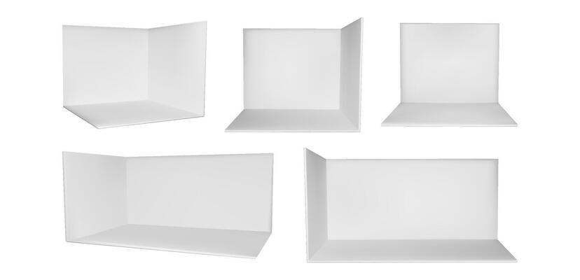 3d empty corner booth room mockup. White wall trade show cube box. Perspective product display space for expo kiosk. Conference stall exhibition area. Store showroom section for backdrop