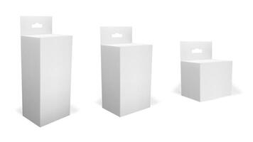 Blank 3d hang box mockup. White rectangle carton pack mock up for medicine or cosmetic. Rectangular container template front and side plain. Realistic vertical dummy hanger paperboard packaging. vector