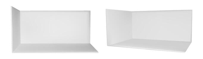 3d booth stand on white wall. Empty cube box interior for trade or fair show. Corner exhibit template with product display space. Small kiosk with panel inside. Store section view isolated area. vector