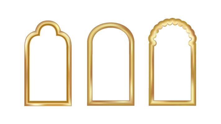 3D gold Ramadan arabesque arch frame. Golden window shape for Islamic eid background. Oriental gate border with arabian mosque element. Traditional muslim decoration with festive kareem label.