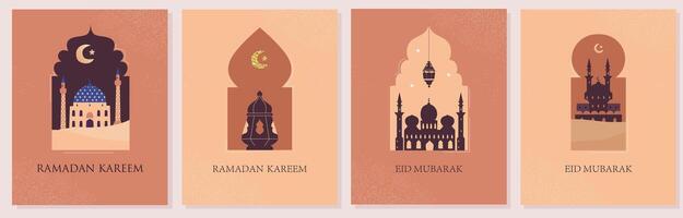 Ramadan Kareem and Eid Mubarak flat greeting cards set with minimalistic illustrations of mosques, minarets, crescent moon, lanterns inside traditional architecture windows. vector