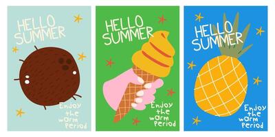Hello summer. Coconut, ice cream, pineapple, modern text. Abstract illustration vector