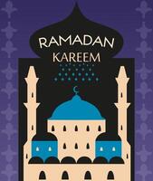 Ramadan Kareem flat greeting card with minimalistic illustrations of mosque and minarets. vector