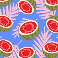 cute summer pattern with juicy watermelon on a bright blue background. Summer cartoon fruits and palm leaves. Pattern for summer holidays background, print vector