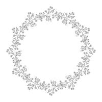 Botanical wreath of floral branches with leaves and flowers. Round frame of twigs, black contour, isolated on white. Sketch garland for wedding decoration and design projects vector