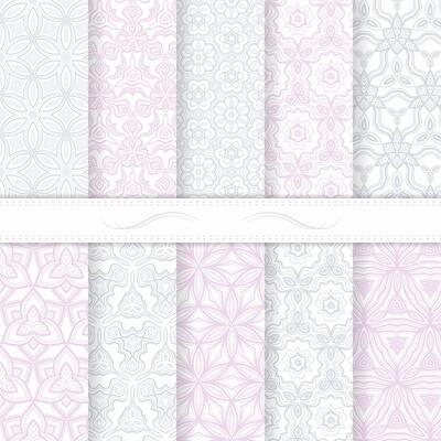 Set of ten seamless modern patterns. Gray and violet soft colors. Swatches of seamless patterns included in the file.