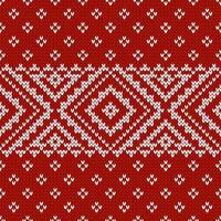 Scandinavian knitted seamless pattern. Norwegian native style sweater, ornament with snowflakes. Fair Isle design. Wool texture. Winter holiday background, red and white vector