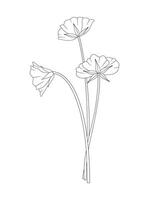 Bouquet of three flowers with leaves. Bunch of blooming perennial wildflowers. Line art, minimal style, contour. Botanical hand-drawn elements for design projects. vector