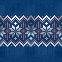 Scandinavian knitted seamless pattern. Norwegian native style sweater, ornament with snowflakes. Fair Isle design. Wool texture. Winter holiday background, blue and red vector