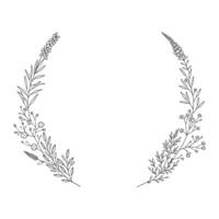 Floral wreath, frame of branches with leaves and flowers. Garland of twigs, black outline, isolated on white. Botanical sketch for wedding decoration, and design projects vector