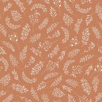 Seamless pattern with leaves, herbs, wildflowers. Silhouettes of branches, natural hand drawn eco friendly background in modern style, fashion print for fabric, package, wrapping. vector