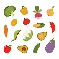 Flat style illustration of various vegetables including broccoli, tomato, and avocado, ideal for healthy eating, cooking, and vegetable-inspired design projects. vector