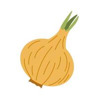 Flat style illustration of an onion with green leaves, ideal for healthy eating, cooking projects, and vegetable-inspired designs. vector