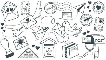 Doodle set of illustrations on topic of postal items vector