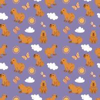 Seamless pattern with cute capybaras with clouds, sun and butterflies. Design for fabric, textile, wallpaper, packaging vector