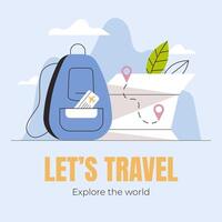 A square banner on travel and tourism. Backpack and map against the background of mountains. Flat illustration. vector
