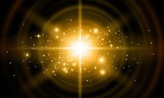 Glowing light star with sparkles. Golden light effect on black background. vector