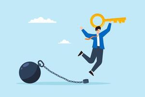 Flat illustration of happy businessman hold golden key after unlocking burden chain symbolizing debt freedom vector