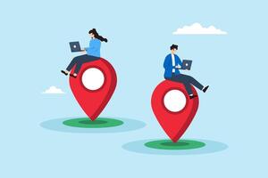 Flat illustration of man and woman work with laptop on different location pin symbolizing digital nomad vector