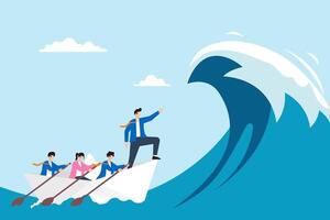 Flat illustration of businessman captain point forward leading team to survive big wave storm vector