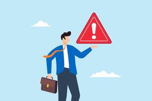 Flat illustration of businessman hold exclamation mark sign concerned about solving problem vector