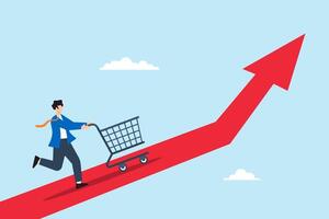Flat illustration of businessman push shopping cart up rising price graph symbolizing inflation vector