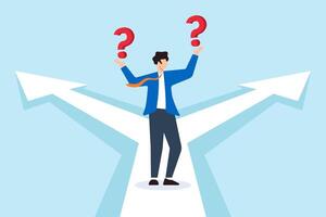 Flat illustration of businessman stand at crossroad with question mark confuse about which way to choose vector