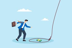 Flat illustration of greedy businessman step toward tricky rope trap bait with bundle of banknote vector