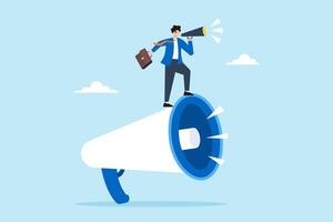 Flat illustration of businessman leader stand on megaphone giving public speech vector
