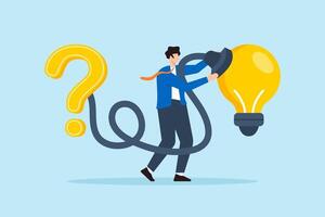 Flat illustration of businessman connect question mark to lightbulb solving problem with creativity vector