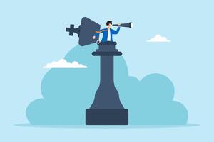 Flat illustration of business leader open chess king while looking through binocular planning business strategy vector