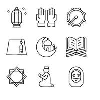 islamic icons set, including a mosque, a lamp, a book, a clock, vector