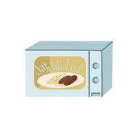 Microwave oven with heated food on a plate inside, isolated on a white background vector