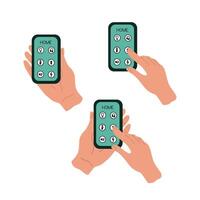 Smart home, set of isolated hands holding a smartphone with a remote home control app. vector