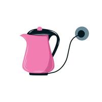Pink electric kettle with cord, plug and socket, isolated on white background vector