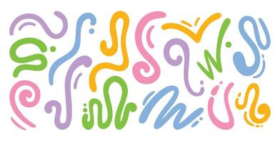 Abstract organic line shapes. Groovy fluid swirl doodles, funky curvy noodles, sauce strips and dynamic scribble lines. Hand drawn colorful squiggles design elements set vector