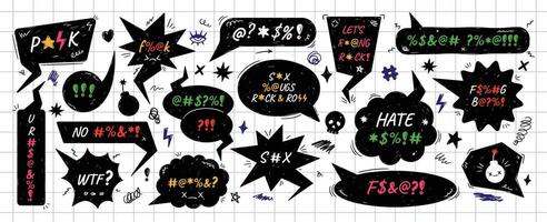Punk rock speech bubble frames. Grawlix censored swearwords text balloons, hand drawn comic swear word bubbles with cartoon swearing effect, anger symbols and doodle squiggles. elements set vector