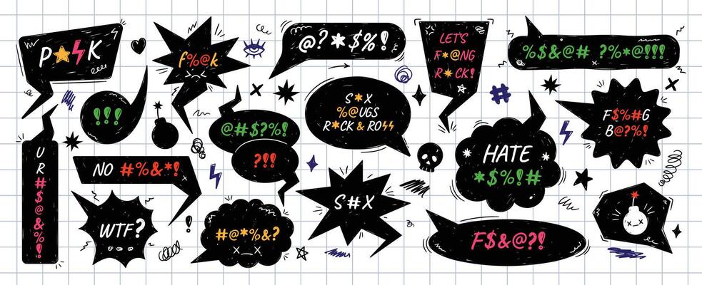 Punk rock speech bubble frames. Grawlix censored swearwords text balloons, hand drawn comic swear word bubbles with cartoon swearing effect, anger symbols and doodle squiggles. elements set
