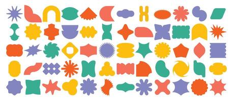 Abstract sticker shapes. Minimalist starburst badge, funky geometric and organic label forms and trendy patch shape frames. Retro pop art badges design elements set vector
