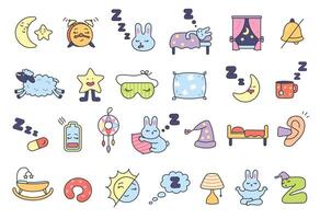 Sleep icons. Sleeping pillow, Zzz snoring moon, cute napping bunny in bed, rest mask, alarm clock and night window. Healthy sleep and insomnia colorful cartoon doodle illustration set vector
