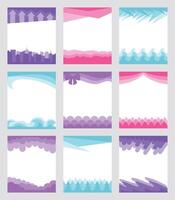 Page borders. Layered frame templates with decorative header and footer dividers with wavy, abstract, clouds, arrows, citiscape and forest layers. Page break separators set vector