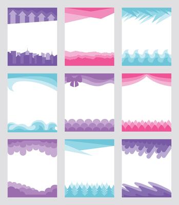 Page borders. Layered frame templates with decorative header and footer dividers with wavy, abstract, clouds, arrows, citiscape and forest layers. Page break separators set